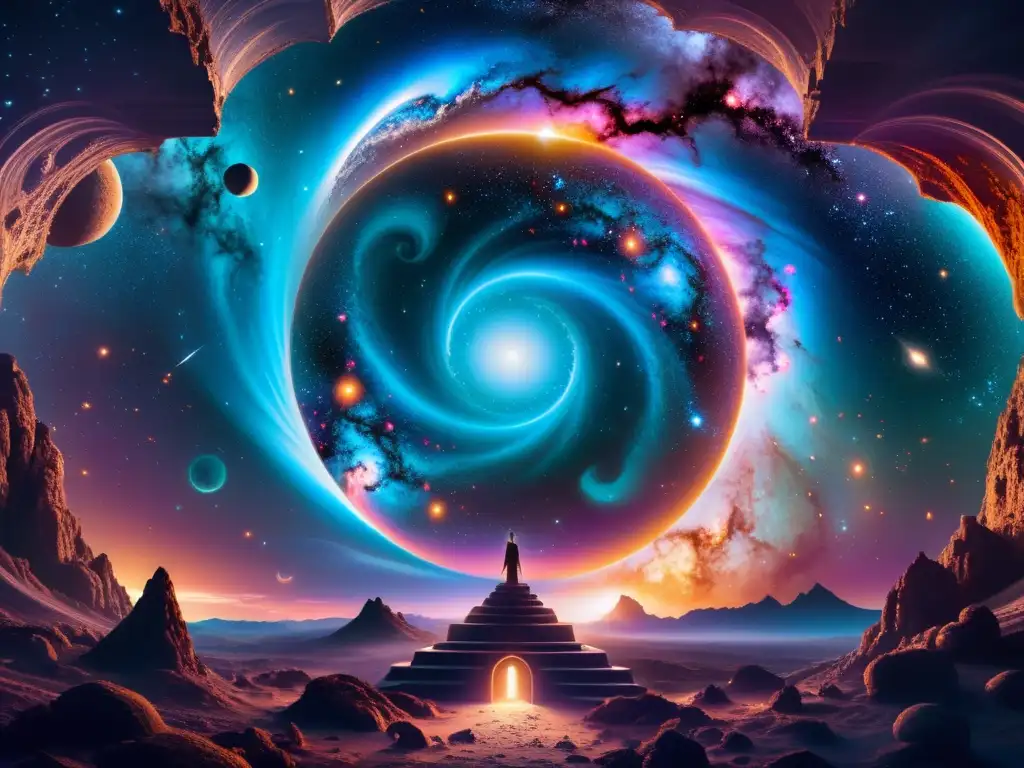 Portal cósmico: seres etéreos entonando mantras Portal celestial con seres etéreos en armonía, evocando la música para conexión con universos paralelos