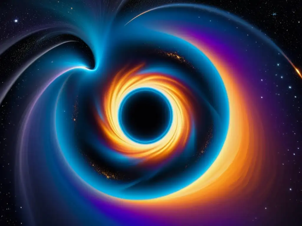Portal cósmico: el enigma del agujero negro Un portal cósmico en el horizonte de un agujero negro, con energía iridiscente