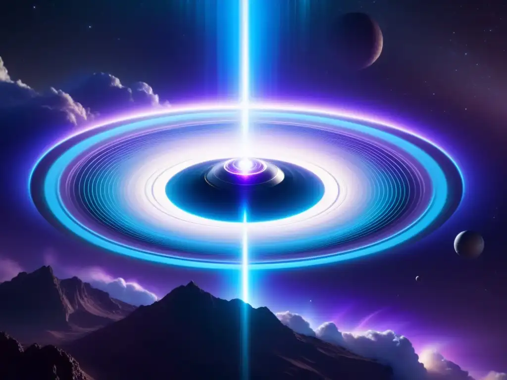 Nave espacial futurista sobre portal dimensional Un portal cuántico deslumbrante invita a viajes interdimensionales a bordo de una nave espacial futurista