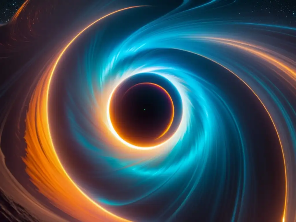 Portal a lo Desconocido: Nave Espacial en el Borde del Agujero Negro Un portal dimensional en un agujero negro emite energía iridiscente, envolviendo una nave espacial futurista en un viaje hacia lo desconocido