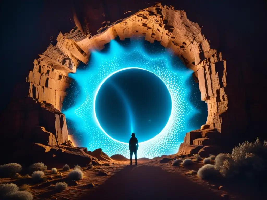 Portal dimensional: paisaje surrealista y energía azul Un portal eléctrico azul en el vacío estrellado, revelando un paisaje irreal