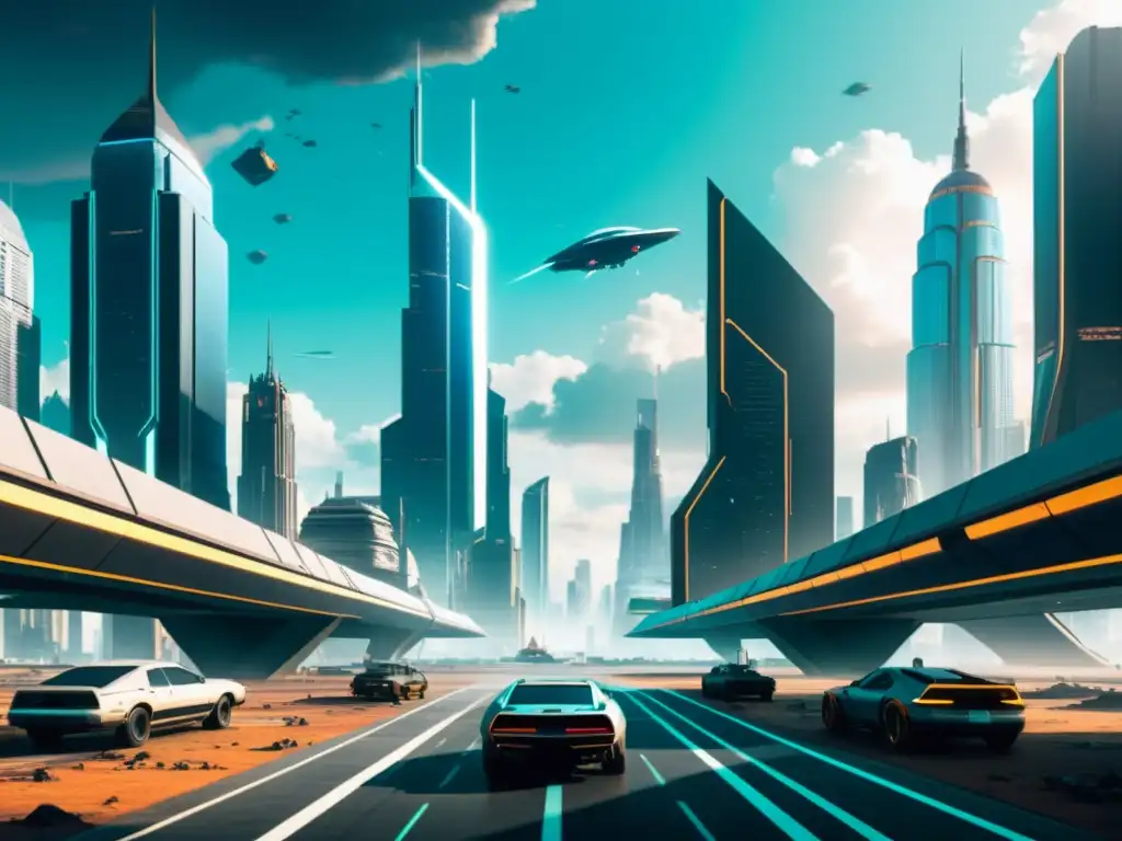Dualidad futurista y distópica: portal entre dimensiones Un portal energético conecta dos dimensiones: una ciudad futurista bulliciosa y otra un desolado y dystópico paisaje