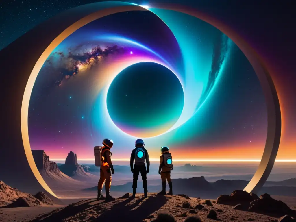 Portal luminoso: exploradores del infinito Un portal de energía multicolor infinita, con figuras en trajes espaciales, evoca el existencialismo en universos paralelos