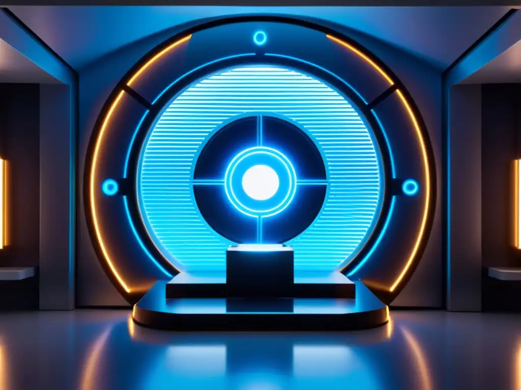 Portal interdimensional: explorando la frontera del conocimiento Un portal futurista brillante en un laboratorio de alta tecnología, con científicos y monitores mostrando viajes interdimensionales