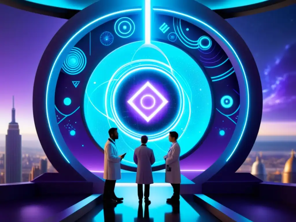 Portal dimensional: científicos exploran misterioso fenómeno Un portal futurista con energía azul y morada, rodeado de científicos y tecnología, creando una atmósfera de misterio y asombro