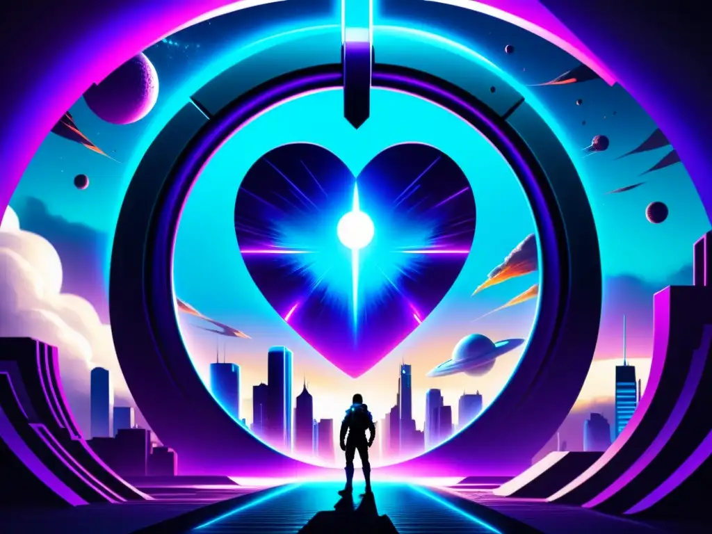 Portal interdimensional en medio de la batalla Un portal futurista con energía azul y morada brillante en una ciudad en guerra, evocando teorías de viajes interdimensionales de la cultura popular