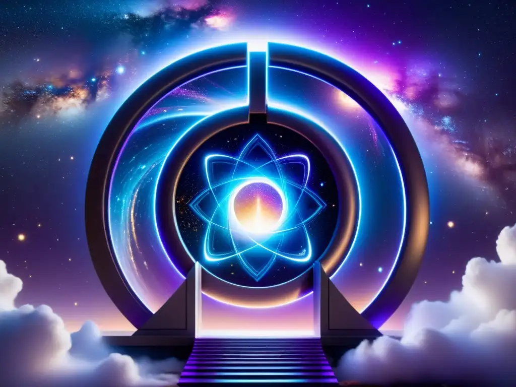 Portal interdimensional de Navidad en el espacio Un portal futurista resplandece con energía en un cosmos vibrante, evocando la magia de la repetición en Navidad