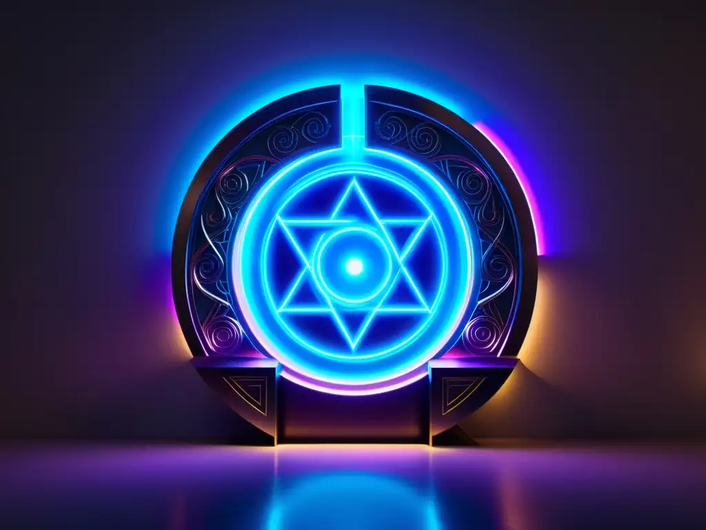 Portal interdimensional: energía pulsante y misterio Un portal futurista e intrincado, emanando energía pulsante rodeado de luces y sombras