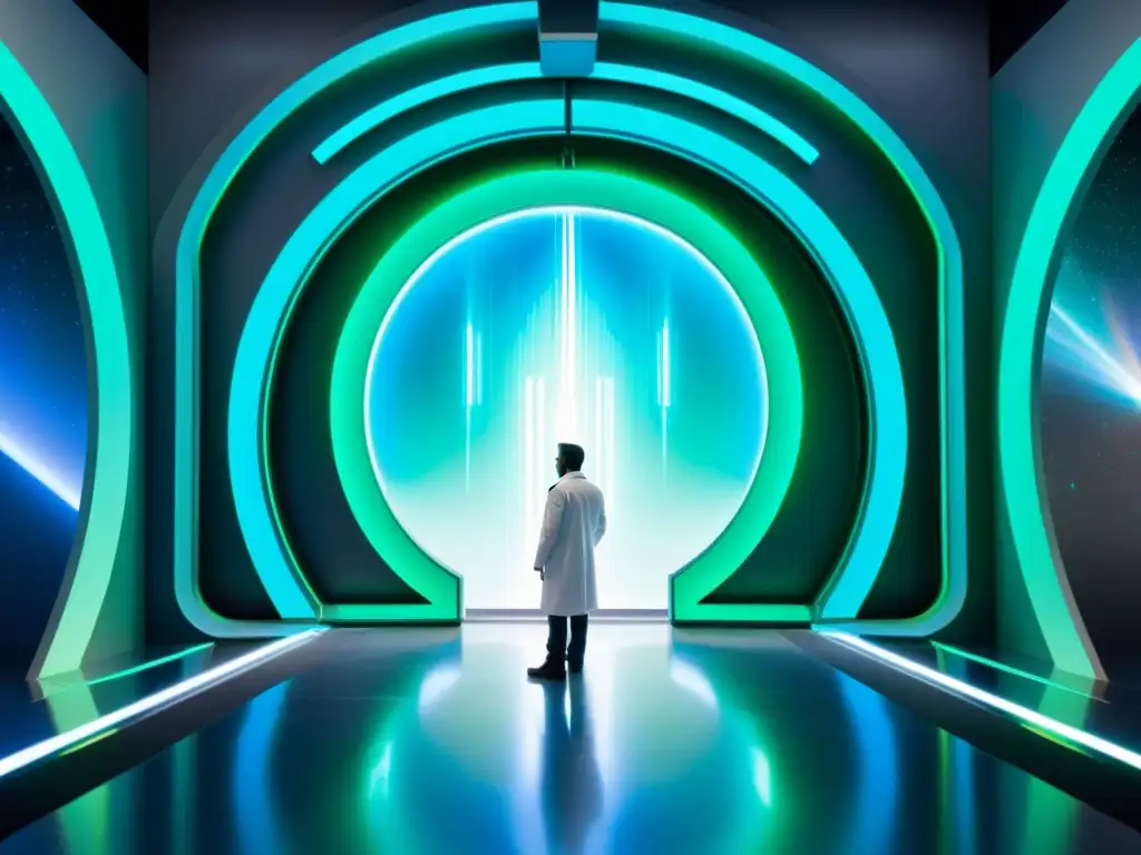 Portal interdimensional: descubrimientos científicos Un portal futurista iridiscente en un laboratorio de alta tecnología, con científicos asombrados