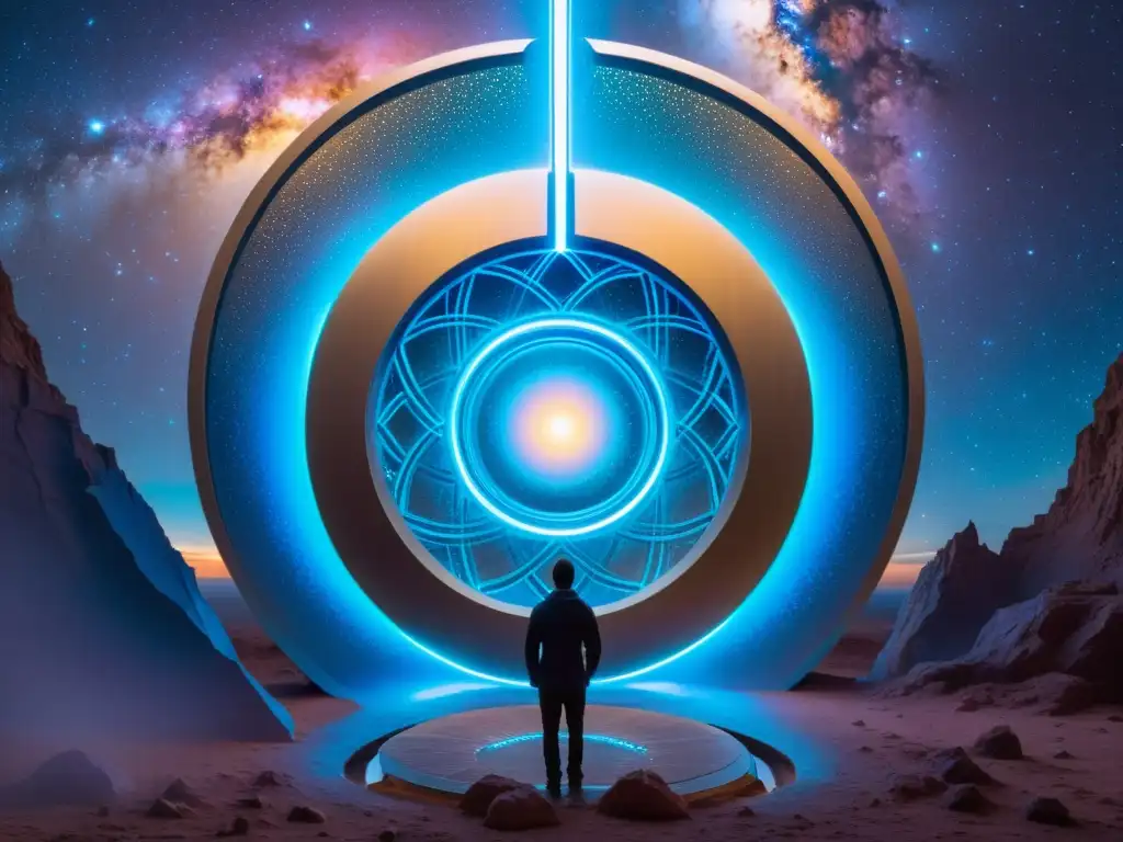 Portal interdimensional: energía azul y nebulosas Un portal futurista iridiscente entre nebulosas, con energía azul eléctrica, sugiere comunicaciones universos paralelos