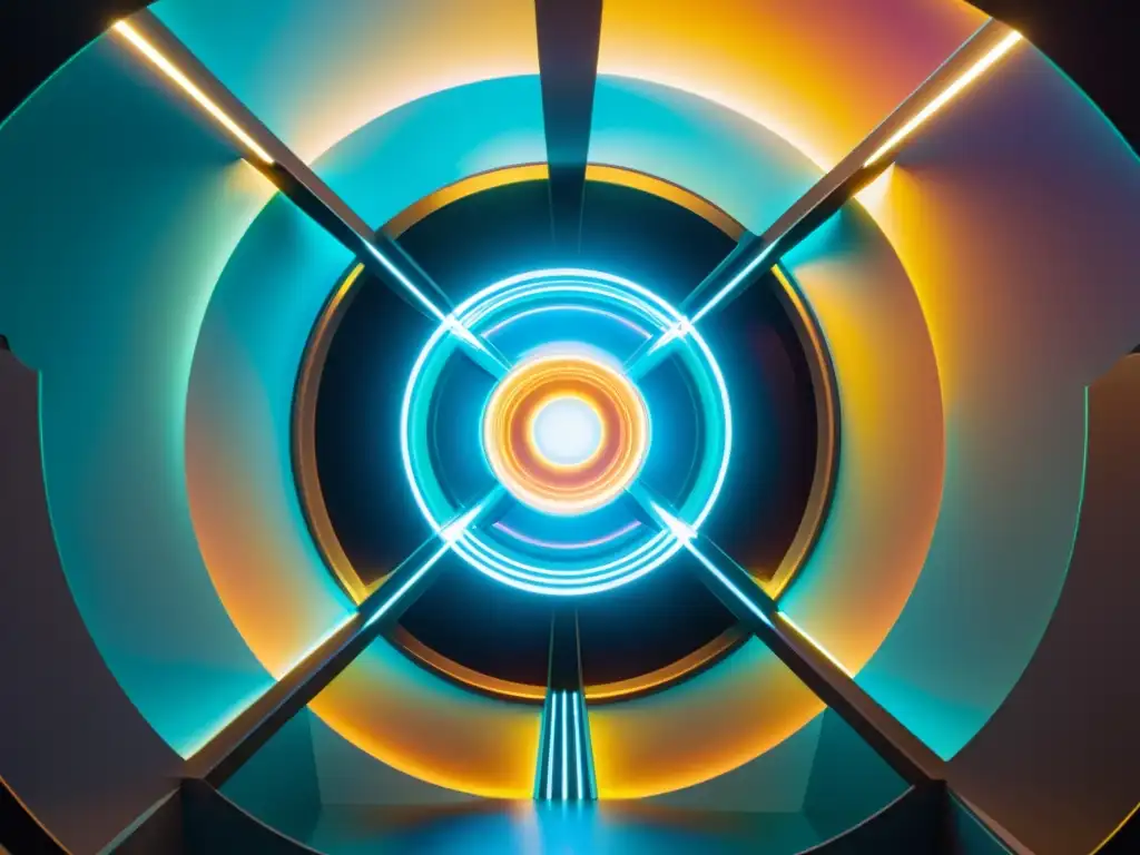 Un portal futurista iridiscente revela paisajes interdimensionales, capturando teorías científicas sobre viajes interdimensionales