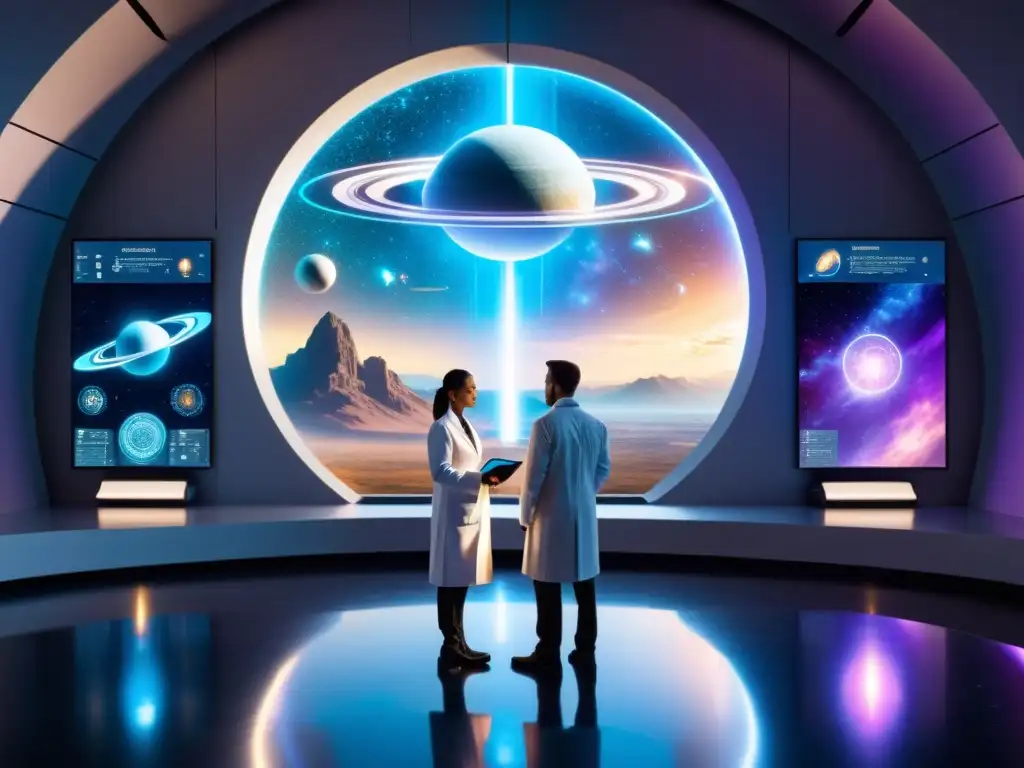 Portal interdimensional en laboratorio futurista Un portal futurista brilla con luz iridiscente, rodeado de energía cósmica y símbolos misteriosos