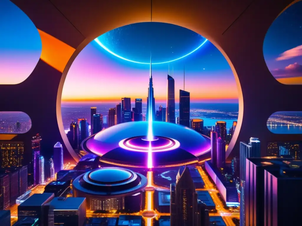Portal interdimensional en la ciudad futurista Portal interdimensional brilla en la ciudad futurista, naves espaciales y galaxias, ciencia ficción y exploración