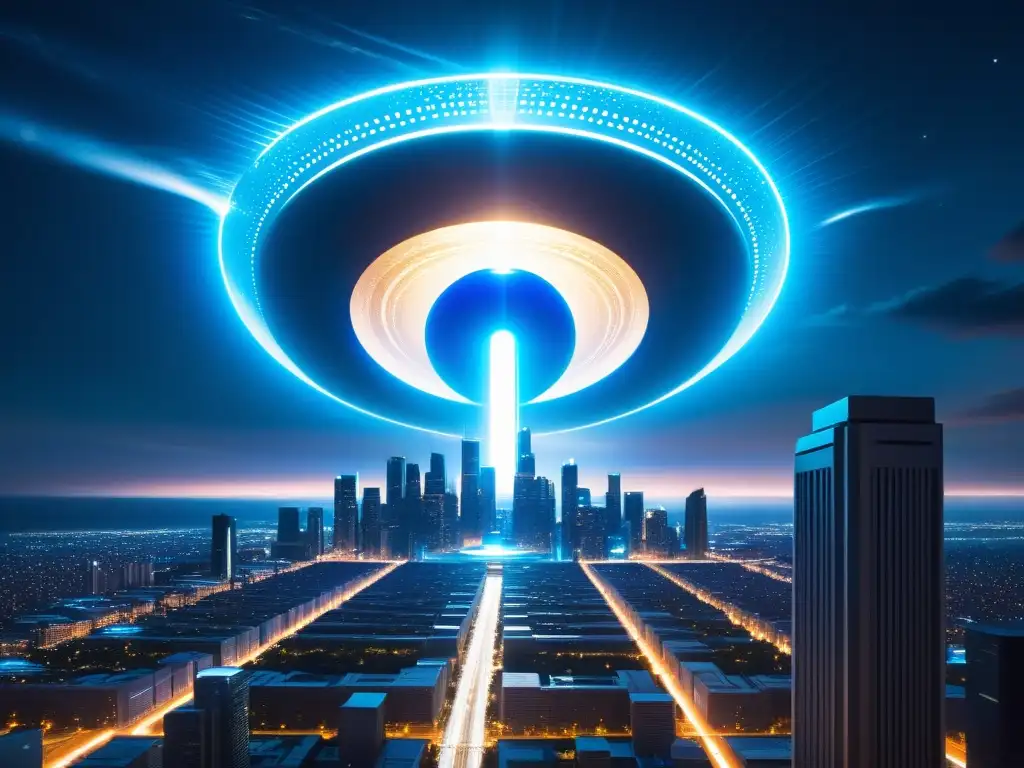 Portal interdimensional sobre ciudad futurista Un portal interdimensional de energía azul eléctrica sobre una ciudad futurista, con paisajes alienígenas y criaturas extrañas