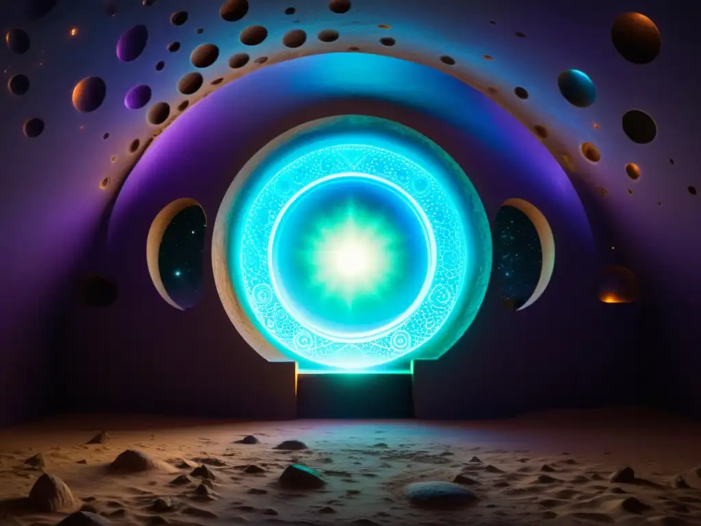Portal interdimensional: energía vibrante en azul, púrpura y verde Un portal interdimensional con energía vibrante en tonos azules, morados y verdes, rodeado de símbolos brillantes