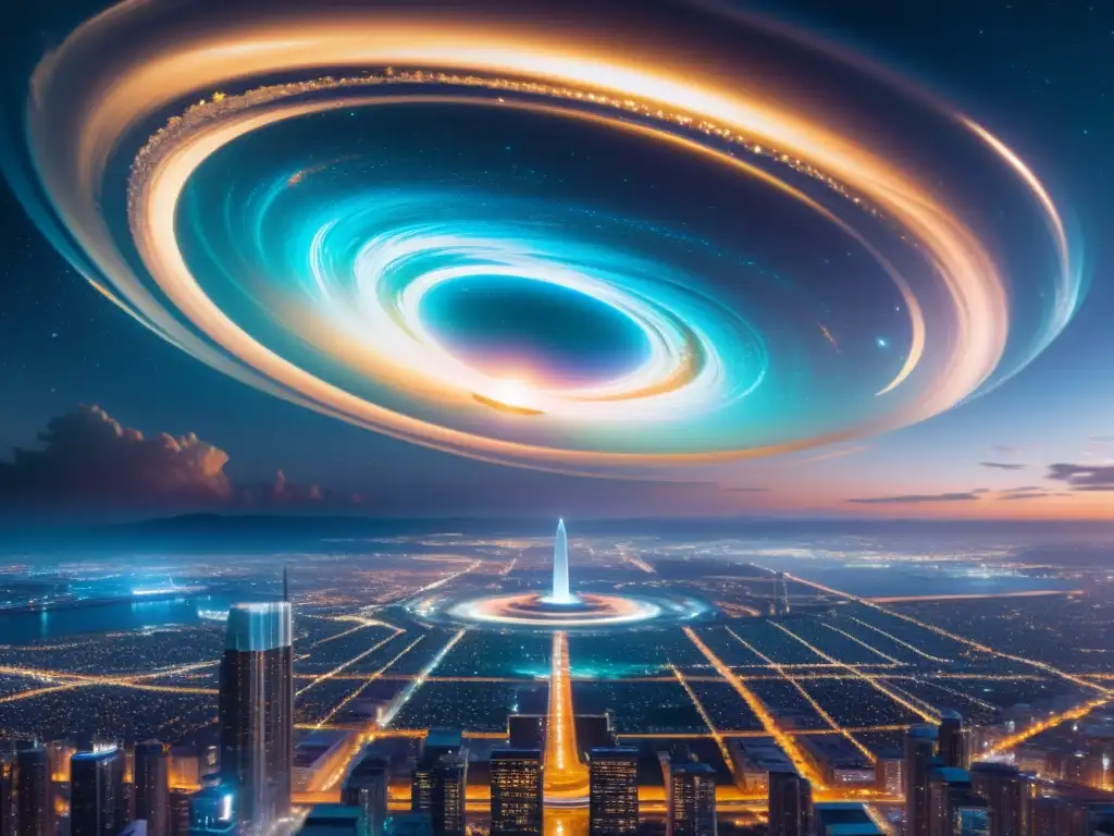 Portal interdimensional deslumbrante sobre la ciudad futurista Un portal iridiscente se abre en el cielo nocturno sobre una ciudad futurista, revelando dimensiones y galaxias alternas