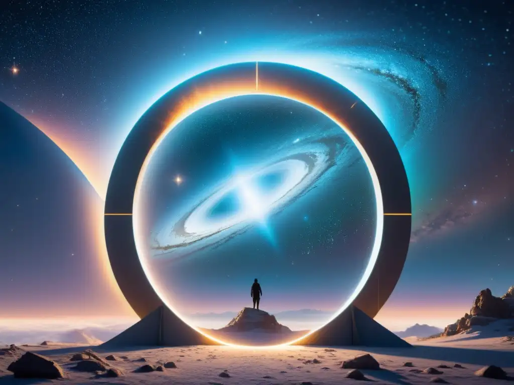 Portal interdimensional: paisaje alienígena y tecnología avanzada Un portal iridiscente con energía, mostrando un paisaje alienígena y estructuras cristalinas