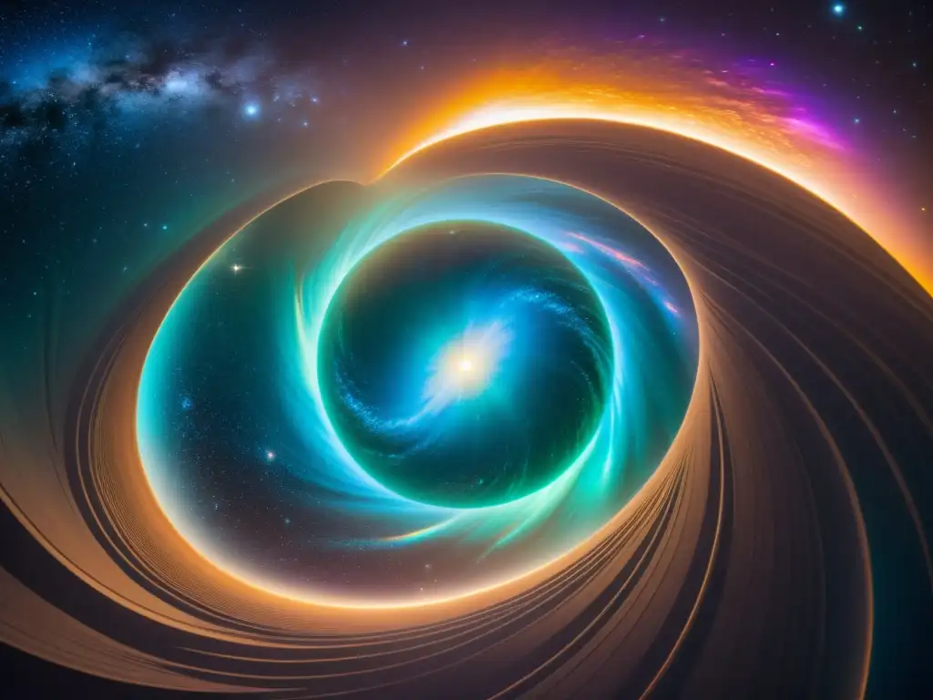 Portal cósmico: Misterio y maravilla en el espacio Un portal iridiscente y enigmático desdibujando el espacio, evocando la teoría de agujeros de gusano interdimensionales