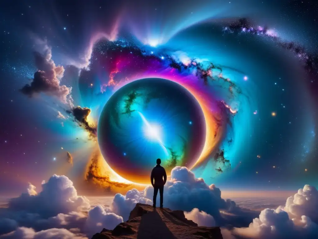 Portal cósmico iridiscente: puerta a la exploración estelar Un portal iridiscente brilla en el espacio, conectando agujeros de gusano y galaxias distantes con su energía multicolor