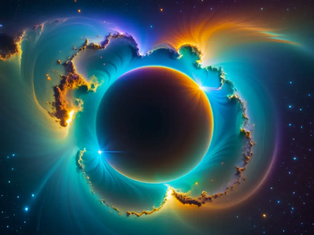 Portal cuántico: deslumbrante energía cósmica Un portal iridiscente en el espacio, con partículas brillantes y galaxias lejanas