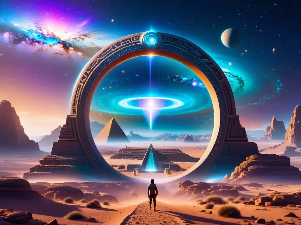 Portal interdimensional brillante en paisaje alienígena Un portal iridiscente y misterioso en un paisaje alienígena, con influencia de Stargate en viajes interdimensionales