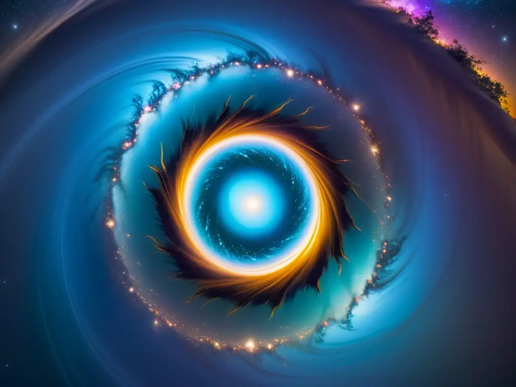 Portal cósmico iridiscente: viaje a lo desconocido Un portal iridiscente de otro mundo, con luces entrelazadas hacia el vacío, evocando el entrelazamiento cuántico y agujeros de gusano