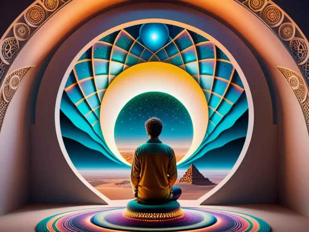 Portal dimensional: viaje hacia lo misterioso Portal iridiscente en un paisaje alienígena, evocando las teorías de viajes interdimensionales de Terence McKenna