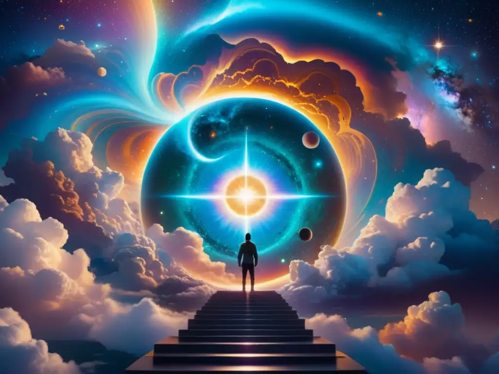 Portal Intergaláctico: Viaje entre dimensiones Un portal iridiscente rodeado de energía, con paisajes surrealistas y teorías científicas de viajes interdimensionales en un escenario cósmico