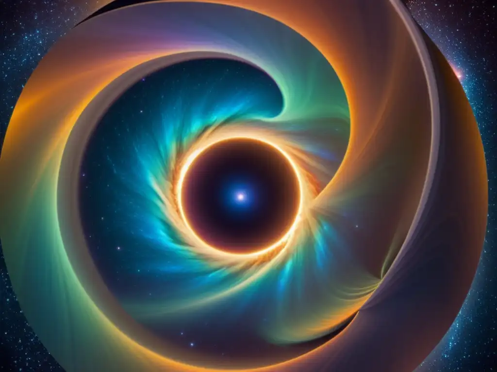 Portal cósmico iridiscente distorsiona el espacio Portal iridiscente en el vacío cósmico, distorsionando el espacio-tiempo con energía, revelando la enigmática estructura de agujeros de gusano