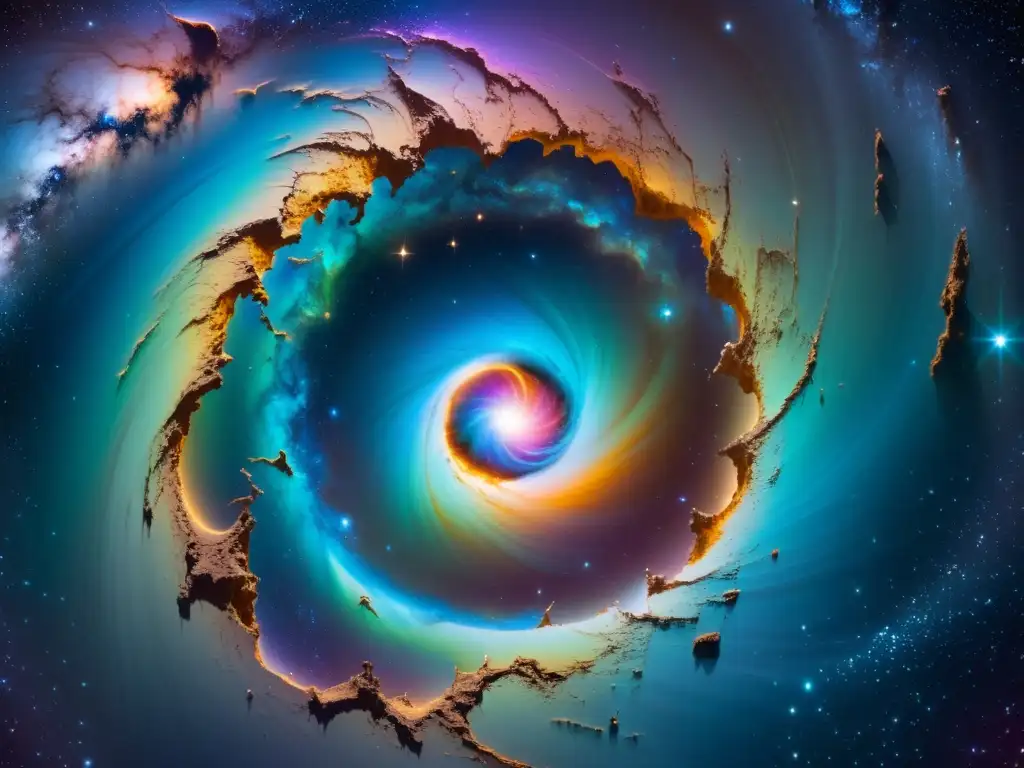 Portal cósmico de iridiscencia: puerta a lo desconocido Un portal iridiscente en el vacío del espacio, con agujeros de gusano en universos paralelos