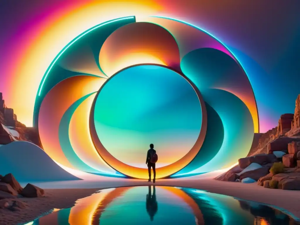 Portal Cuántico: Universos Paralelos Un portal metálico futurista brilla con energía, revelando paisajes en múltiples universos