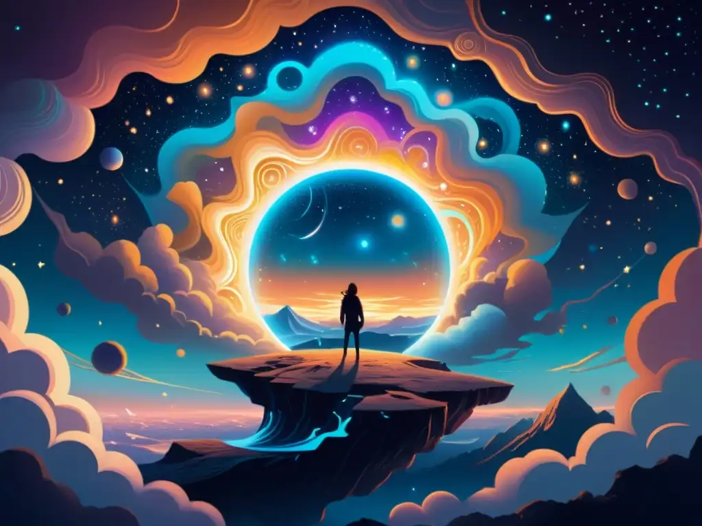 Portal místico hacia mundos paralelos Una portal místico iridiscente en un paisaje surrealista, evocando vidas paralelas y viajes espirituales