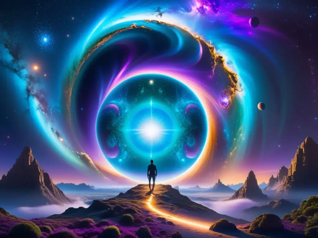 Portal cósmico: paisajes paralelos de asombro Un portal multidimensional deslumbrante con universos paralelos y el fenómeno del déjà vu en vibrantes colores cósmicos