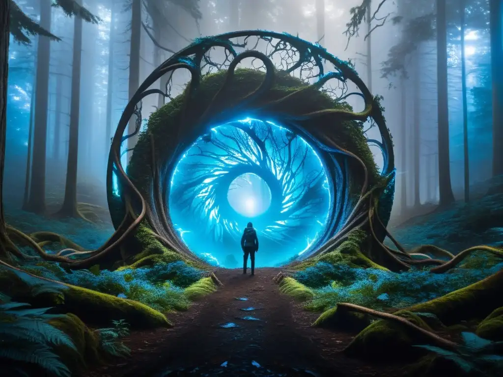 Portal eléctrico en el bosque sombrío: un vórtice hacia lo desconocido Un portal ominoso resplandece en el bosque, revelando paisajes alienígenas