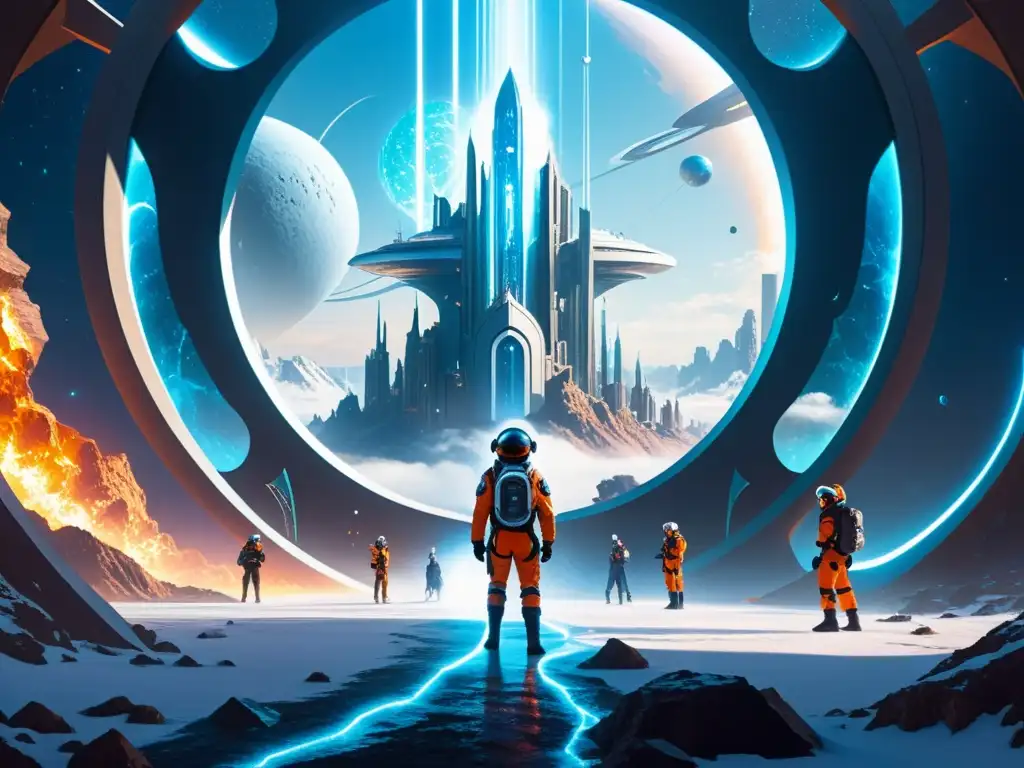 Portal interdimensional: científicos exploran paisaje surrealista Un portal reluciente se alza en una bulliciosa ciudad, rodeado de energía
