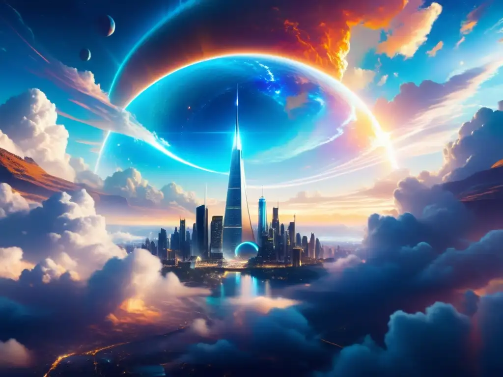 Un portal reluciente irradia energía y luz, rodeado de nubes cósmicas, en una ciudad futurista