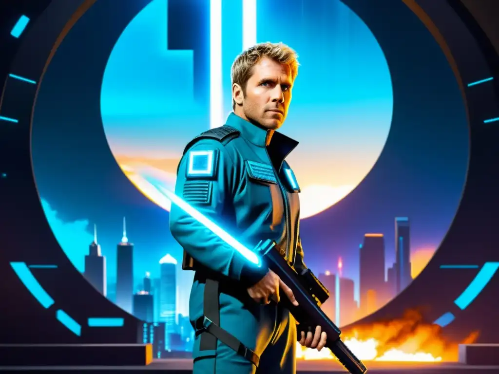 Kyle Reese emerge de un portal temporal con una ciudad futurista de fondo Kyle Reese emerge de un portal temporal con una ciudad futurista de fondo