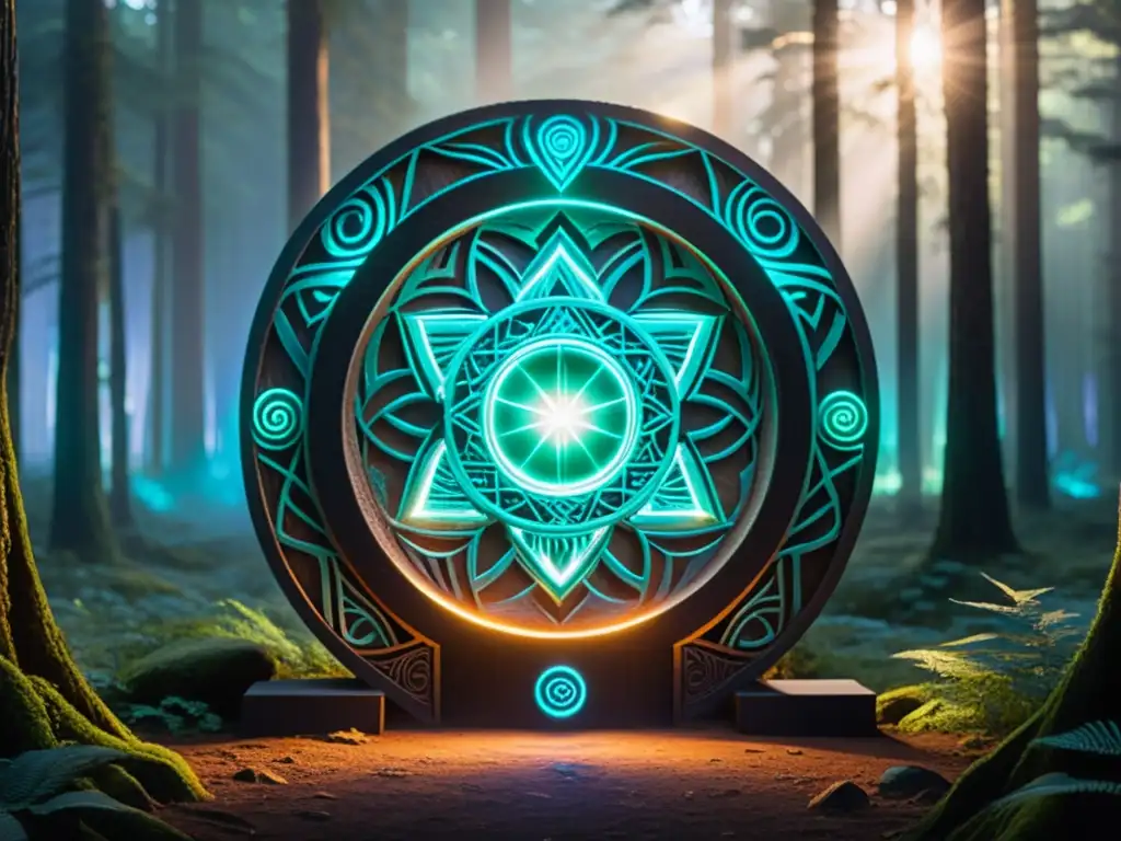 Portal misterioso con criaturas alienígenas en un bosque encantado Un portal vibrante y misterioso irradia un resplandor hipnotizante en un bosque oscuro, con criaturas alienígenas asomándose