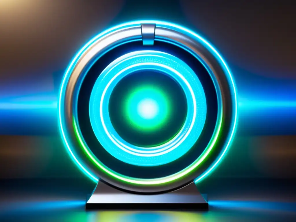 Portal alienígena: Tecnología avanzada y energía interdimensional Un portarretratos interdimensional con implicaciones científicas y luces azules y verdes, rodeado de energía iridiscente