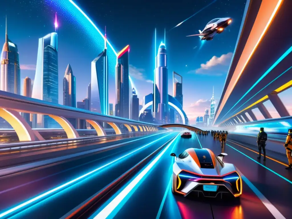 Metrópolis futurista: científicos, portales y universos paralelos Aplicación del Principio de Razón Suficiente en una ciudad futurista llena de luces y tecnología avanzada, con científicos y un portal brillante