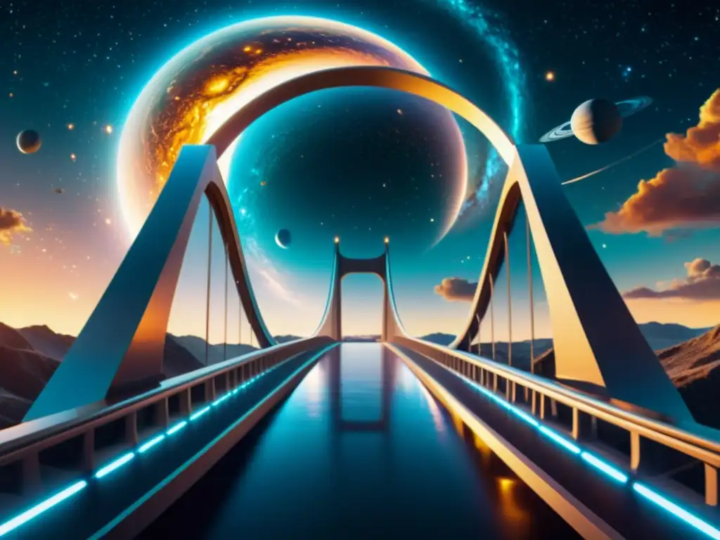 Puente futurista en paisaje cósmico Un puente futurista resplandeciente en un paisaje cósmico, con galaxias y cuerpos celestes de fondo