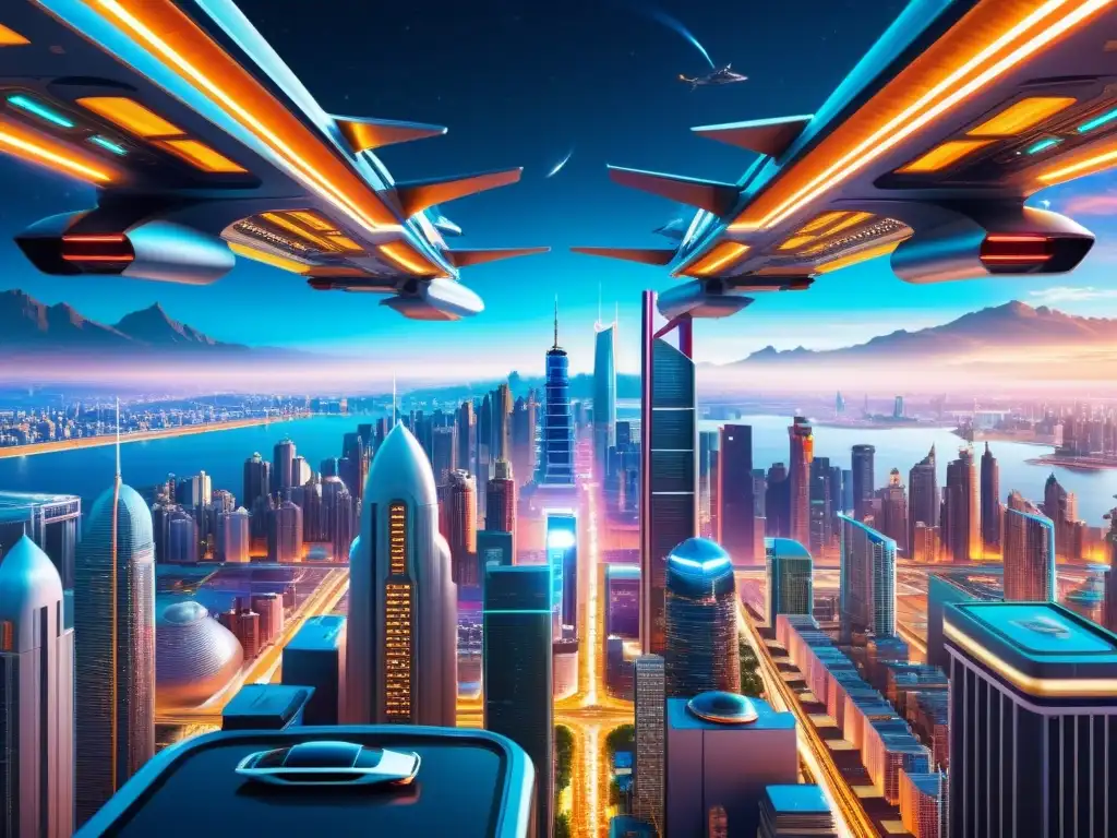 Metrópolis futurista: luces neón y vehículos voladores En una realidad desdoblada literaria, una ciudad futurista con rascacielos, vehículos voladores, luces de neón y auroras cósmicas