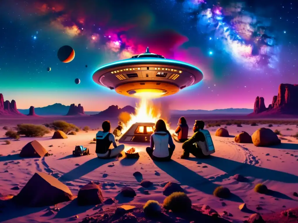 Rebeldía estelar: campamento en planeta remoto Rebeldes espaciales alrededor de fogata en planeta remoto, con nave espacial y nebulosa colorida al fondo