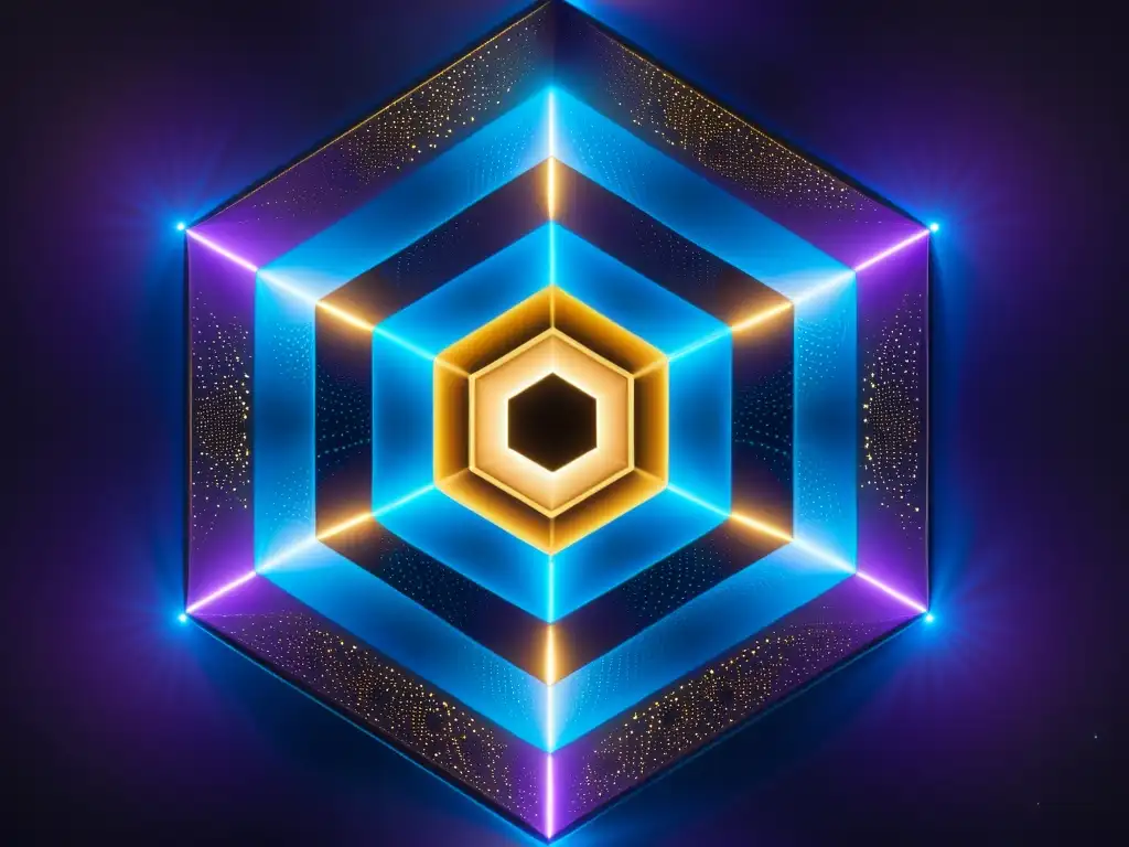 Red interconectada de formas geométricas brillantes en el vacío estrellado Una red compleja de formas geométricas interconectadas, brillando en el vacío estrellado con tonos de azul, morado y dorado