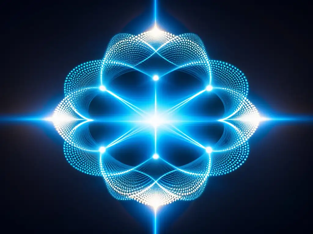 Red de Partículas Cuánticas Entrelazadas: Misterio y Conexión Red de partículas cuánticas entrelazadas en el espacio, emitiendo un resplandor azul en una exhibición de energía y conexiones misteriosas, evocando la idea de comunicaciones universos paralelos
