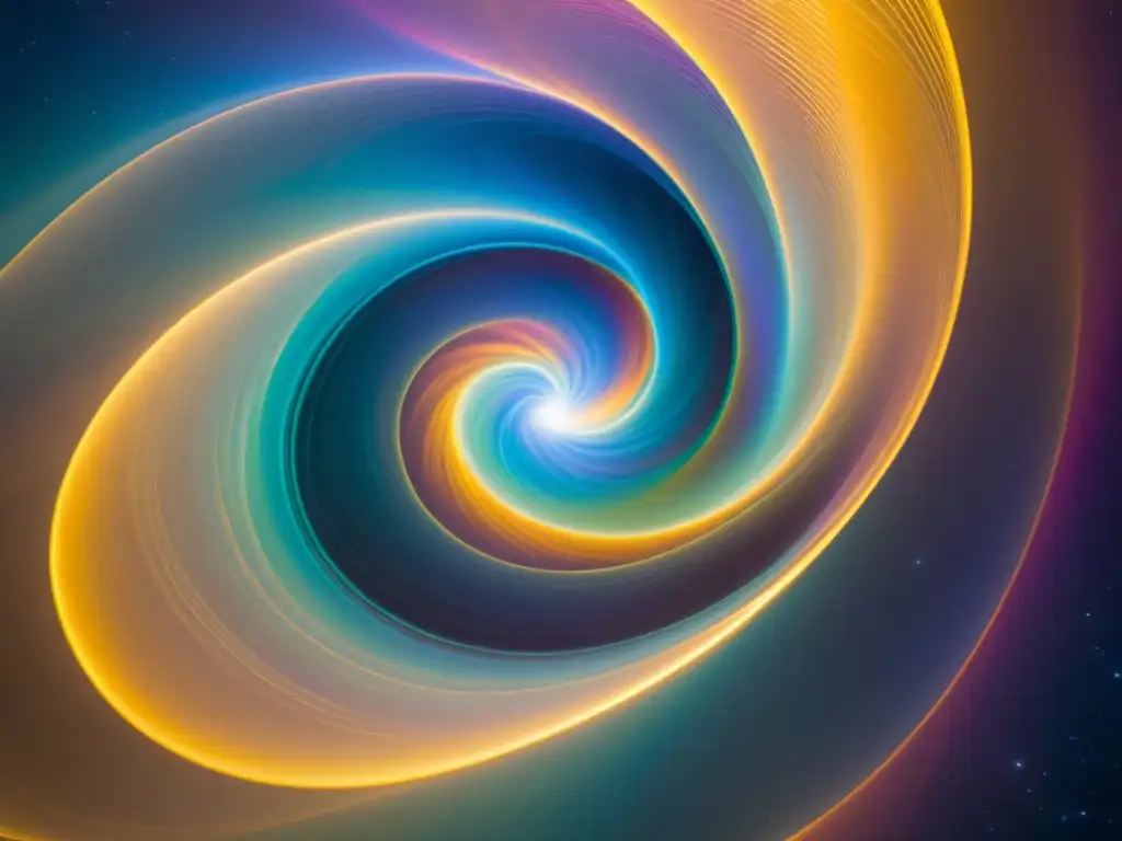 Vórtice cósmico de dimensiones paralelas Un remolino de brillo iridiscente en un telón cósmico con tenues contornos de dimensiones paralelas