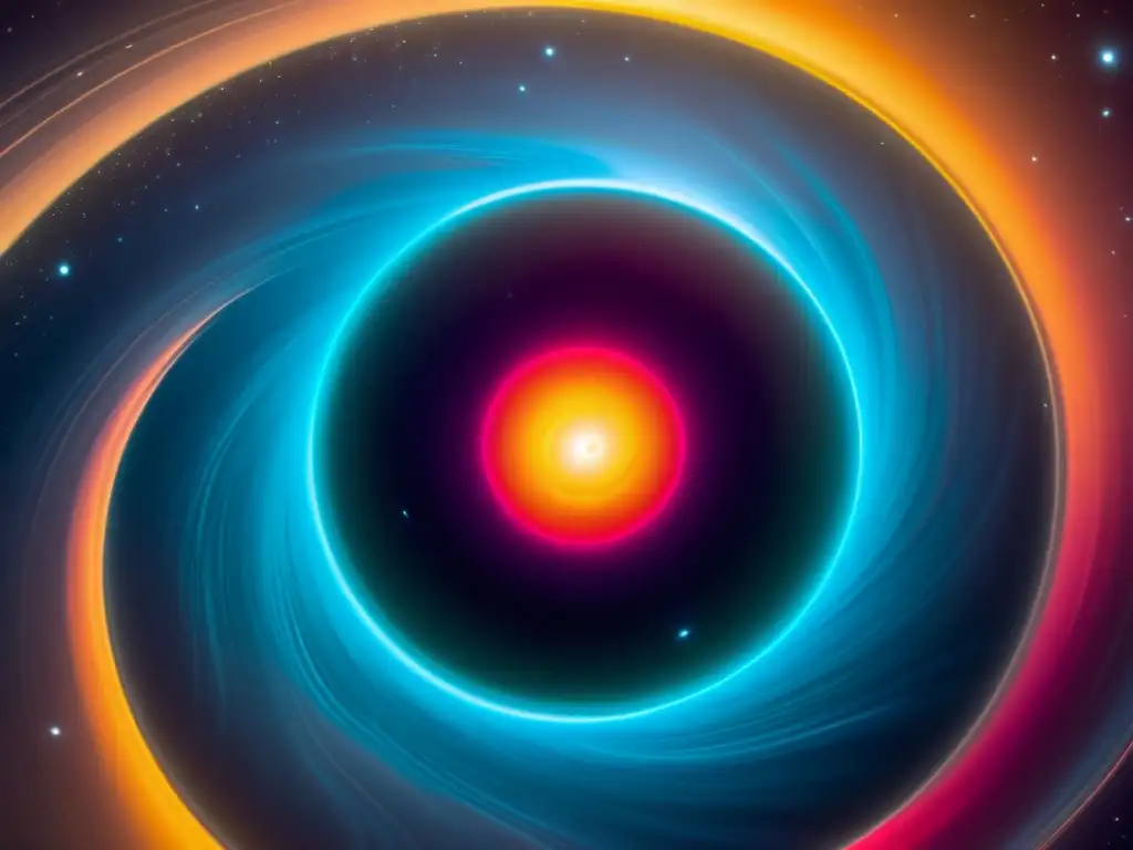 Vórtice cósmico: Energía neón en la oscuridad Un remolino de energía neón irradia desde un agujero negro, distorsionando estrellas y planetas en una danza surreal