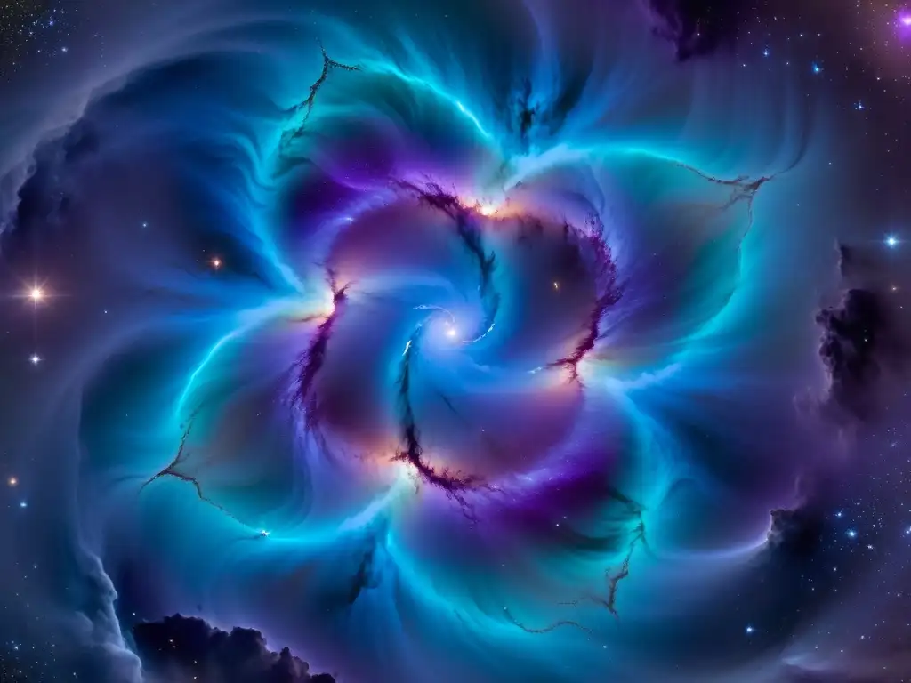 Nebulosa Iridiscente: Misterio y Belleza Cósmica Un remolino iridiscente de colores vivos en una nebulosa, con un brillo deslumbrante en el centro