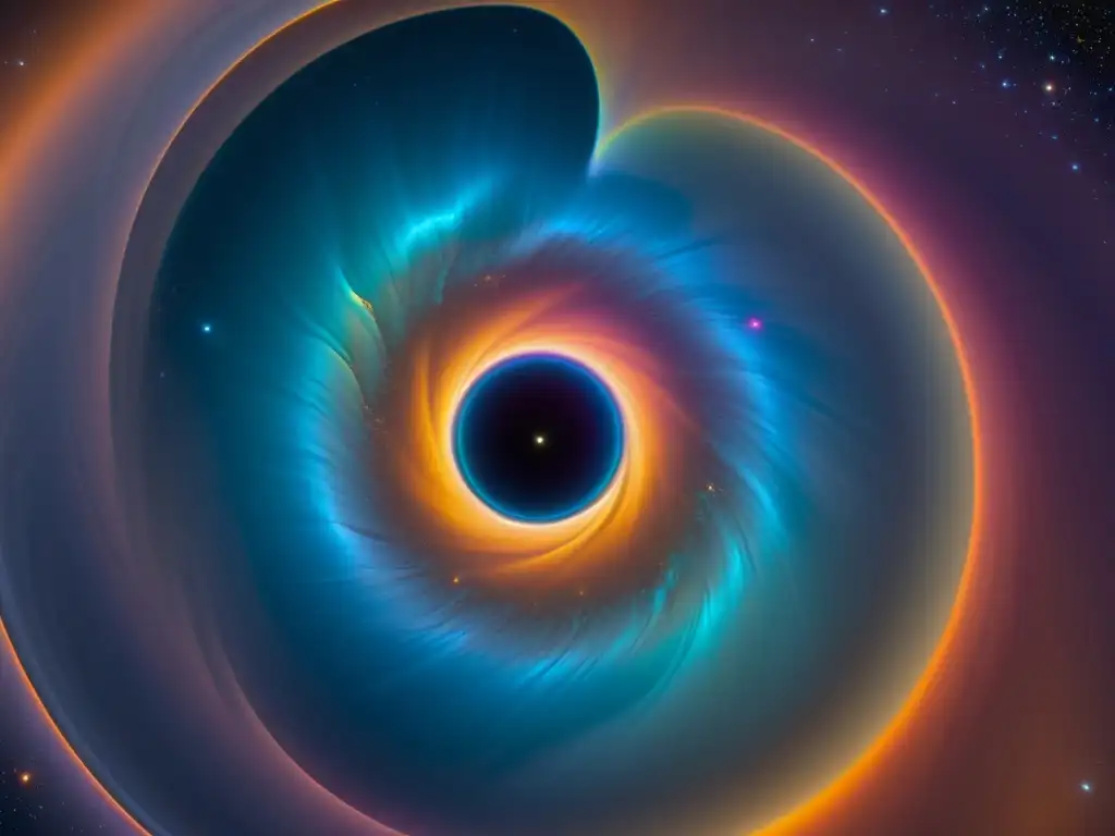 Vórtice iridiscente: Espectáculo cósmico de ondas gravitacionales en 8k Un remolino iridiscente rodeado de lentes gravitacionales y huellas dimensionales crea un espectáculo de luces cósmicas