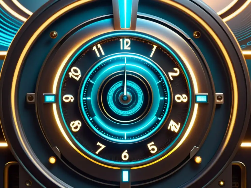 Máquina del tiempo futurista: detalle y complejidad Un retrato futurista y detallado de una máquina del tiempo con paneles de control, superficies metálicas y pantallas iluminadas, en medio de un remolino de vórtices y distorsiones en el espacio tiempo, evocando la complejidad de los saltos temporales en 'Erased'